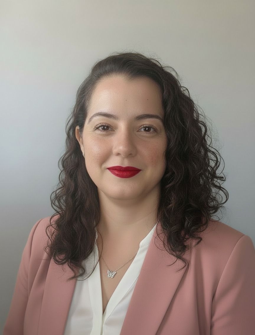 Retrato de Ana Curbelo con blazer rosa